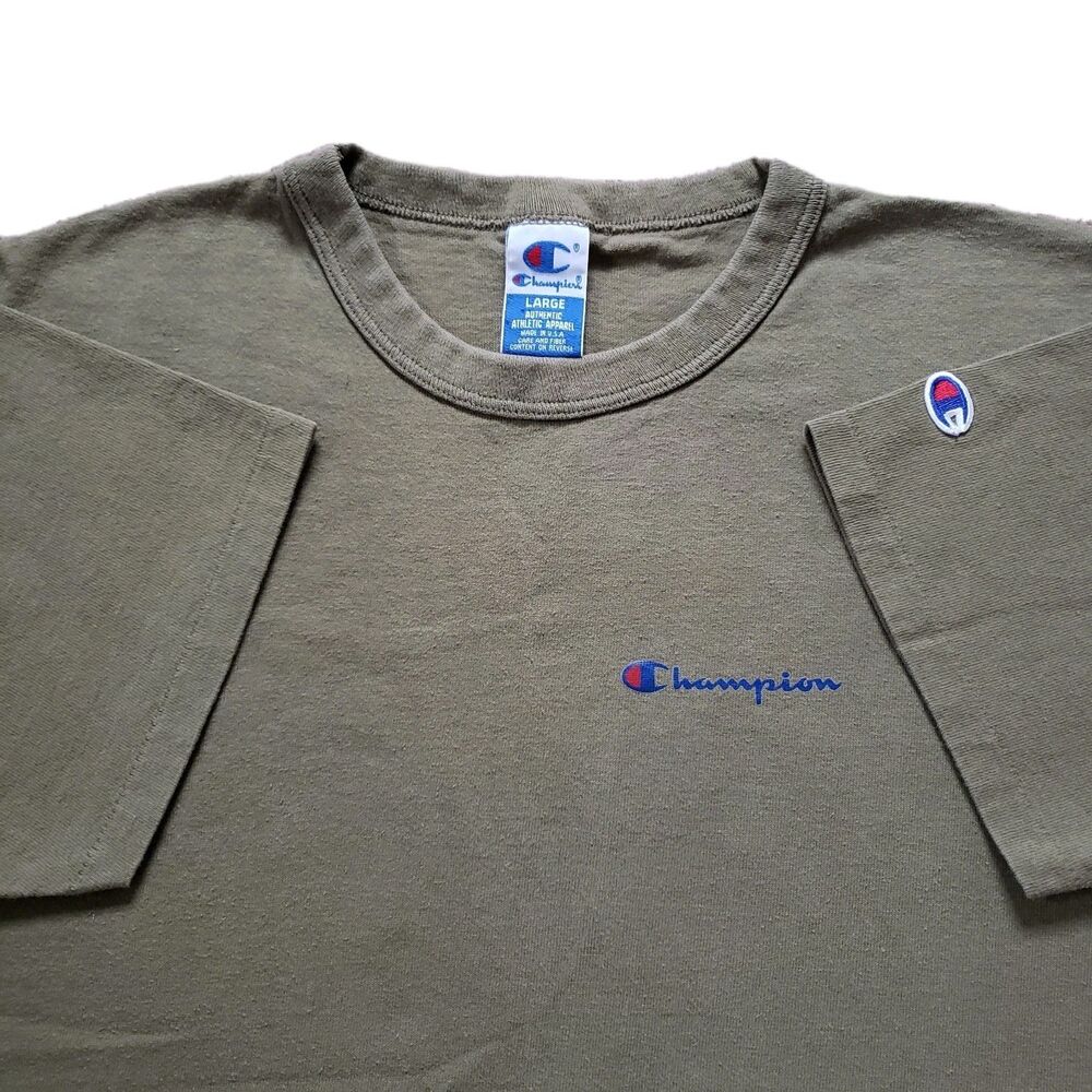 Vintage 90s Champion Military Green Sz Large Single Stitch USA Made Blank Shirt